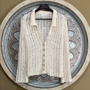 Open-Knit Cream Button-Down Shirt with Relaxed Collar & Flare Sleeves. NWOT